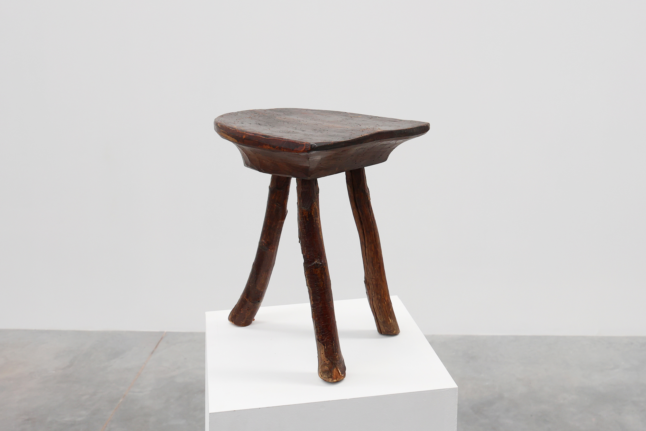 French wabi sabi style low tripod stool in solid wood, 1850sthumbnail